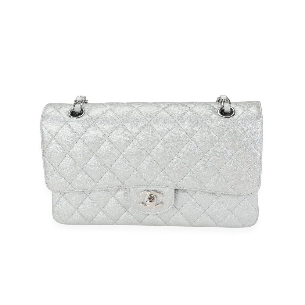 Chanel Silver Metallic Quilted Caviar Medium Classic Double Flap Bag